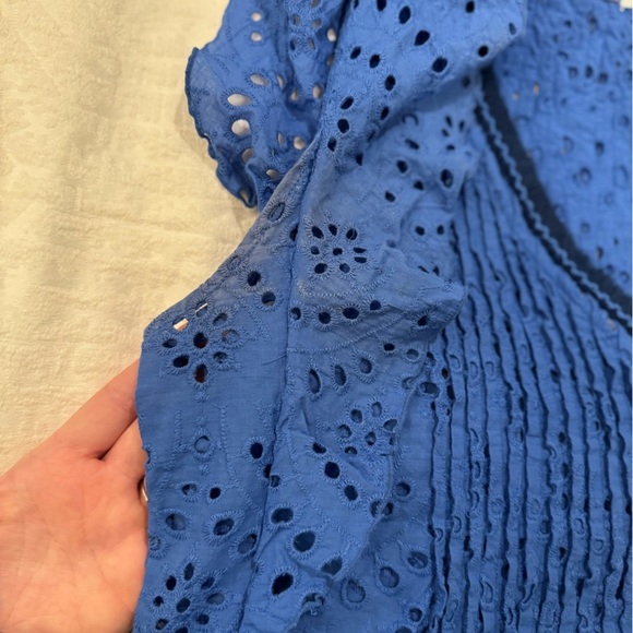 Poupette St Barth Blue Eyelet coverup with Tassels and pleating flutter sleeves - Picture 10 of 11